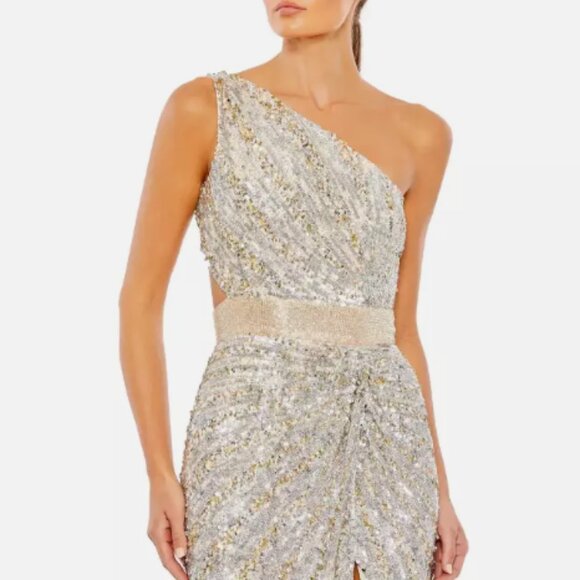 MAC DUGGAL 5687 ONE SHOULDER SEQUIN BEADED LACE-UP BACK NUDE SILVER GOWN sz 6 - Picture 2 of 5